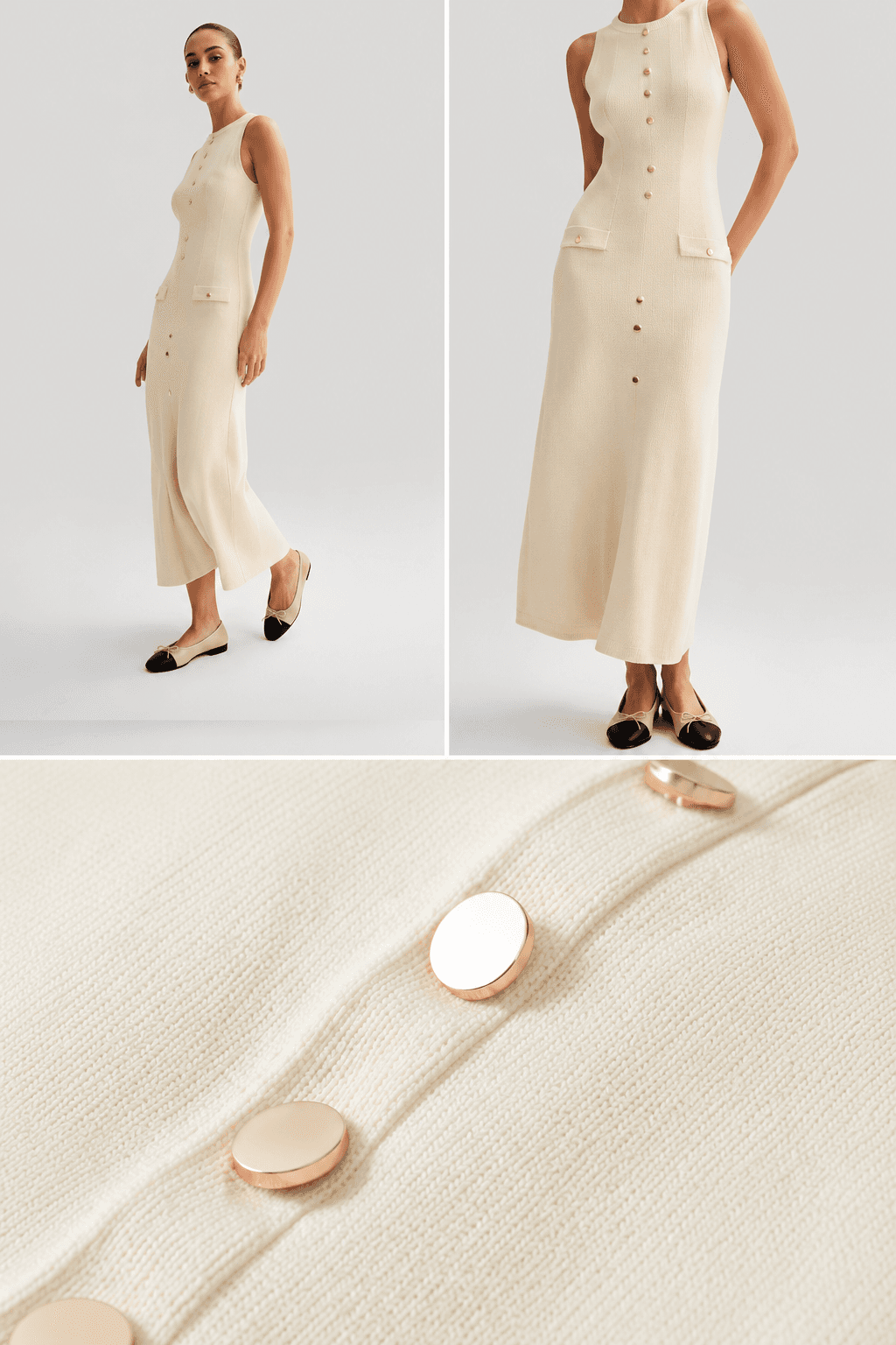 Robe Longue en Maille Écrue à Boutons Dorés