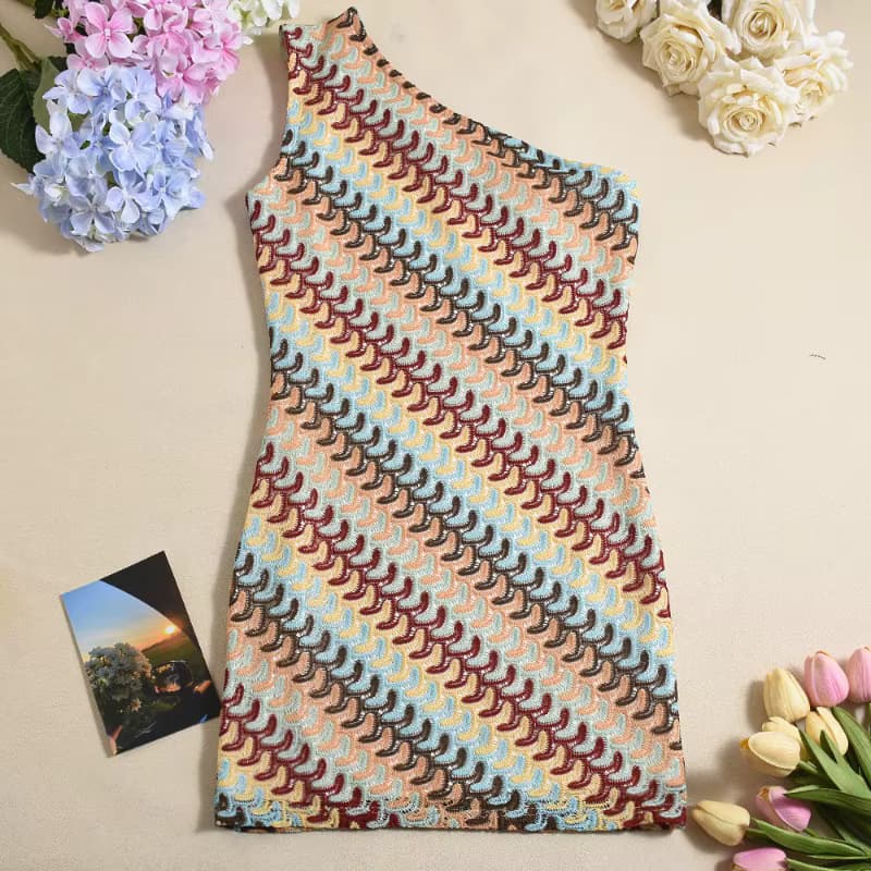 Robe Courte Asymétrique Tricot Multicolore 3