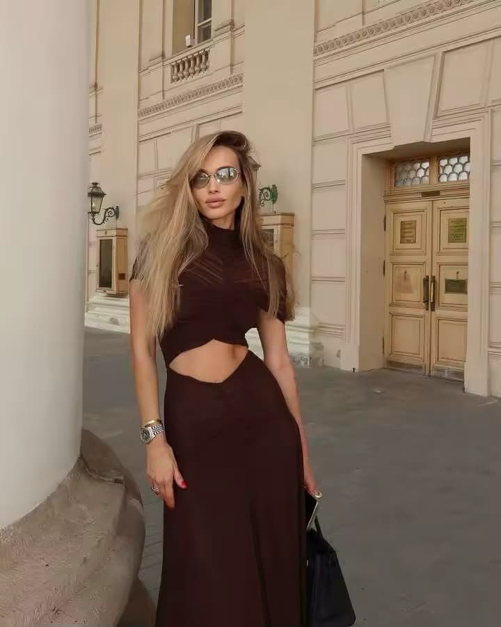Ensemble Deux-Pièces Drapé Marron Cut-Out